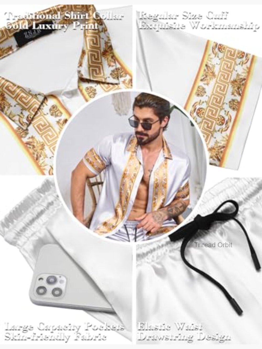 Men's Satin Silk Button Down Shirt Set 2 Piece Summer Beach Outfits - Picture 5 of 7
